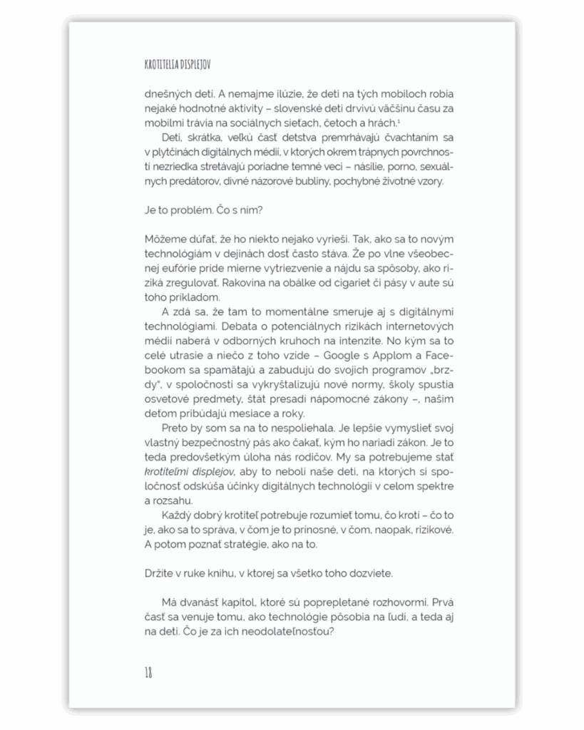 Ukážka z knihy Krotitelia displejov - text o potrebe vlastných pravidiel a rodičovskej stratégie v digitálnej dobe.