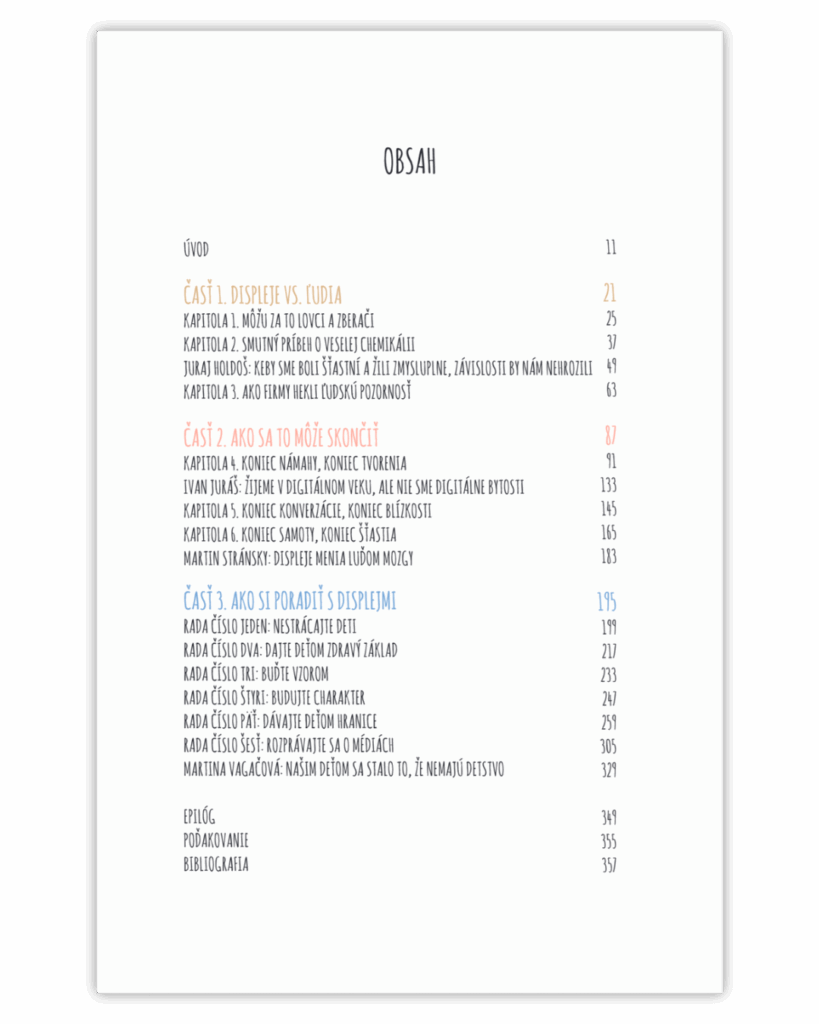 Obsah knihy Krotitelia displejov - štruktúra a názvy kapitol o výchove v digitálnej dobe.